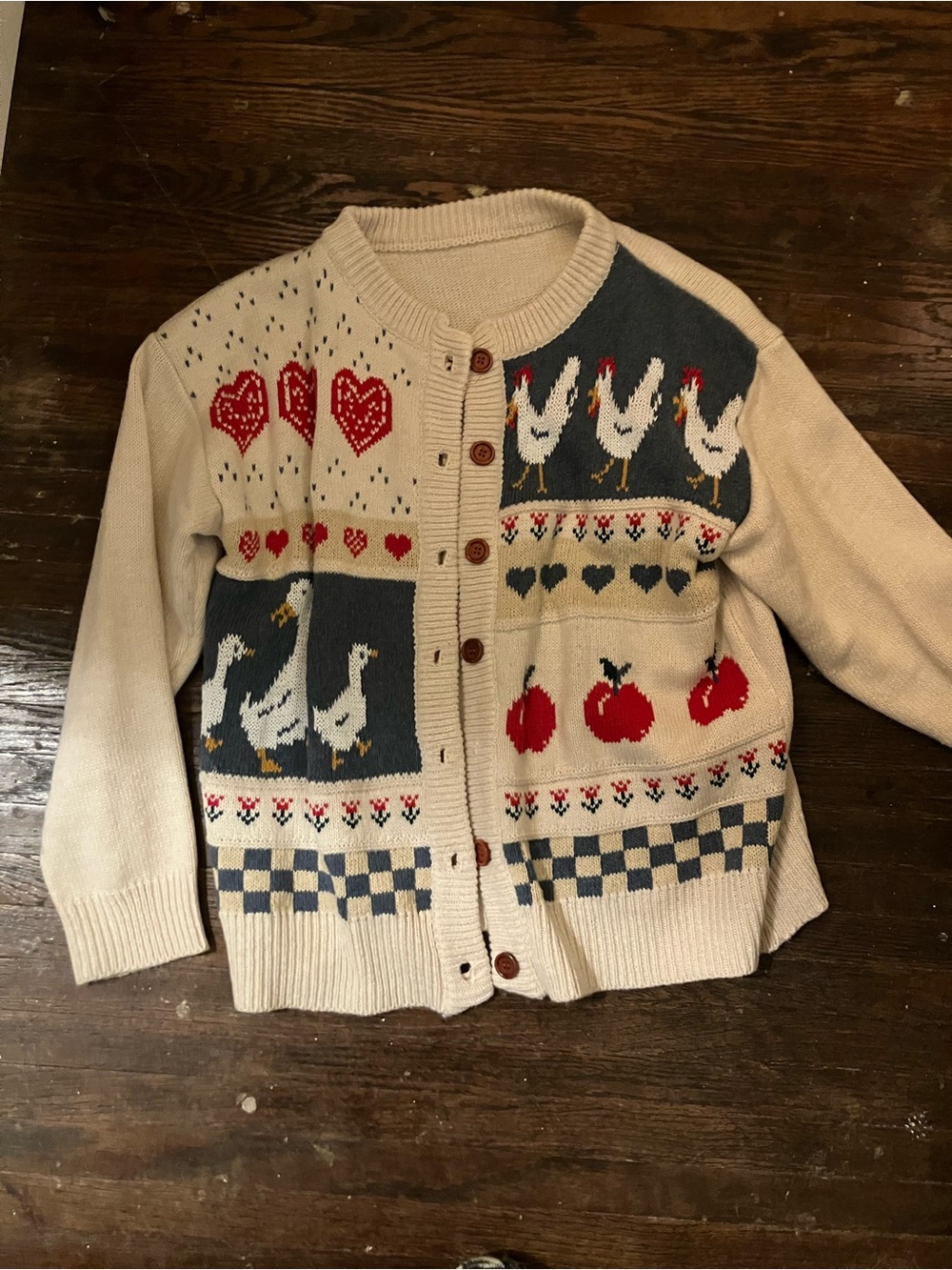 Cream Farmhouse Cardigan with Chickens & Apples